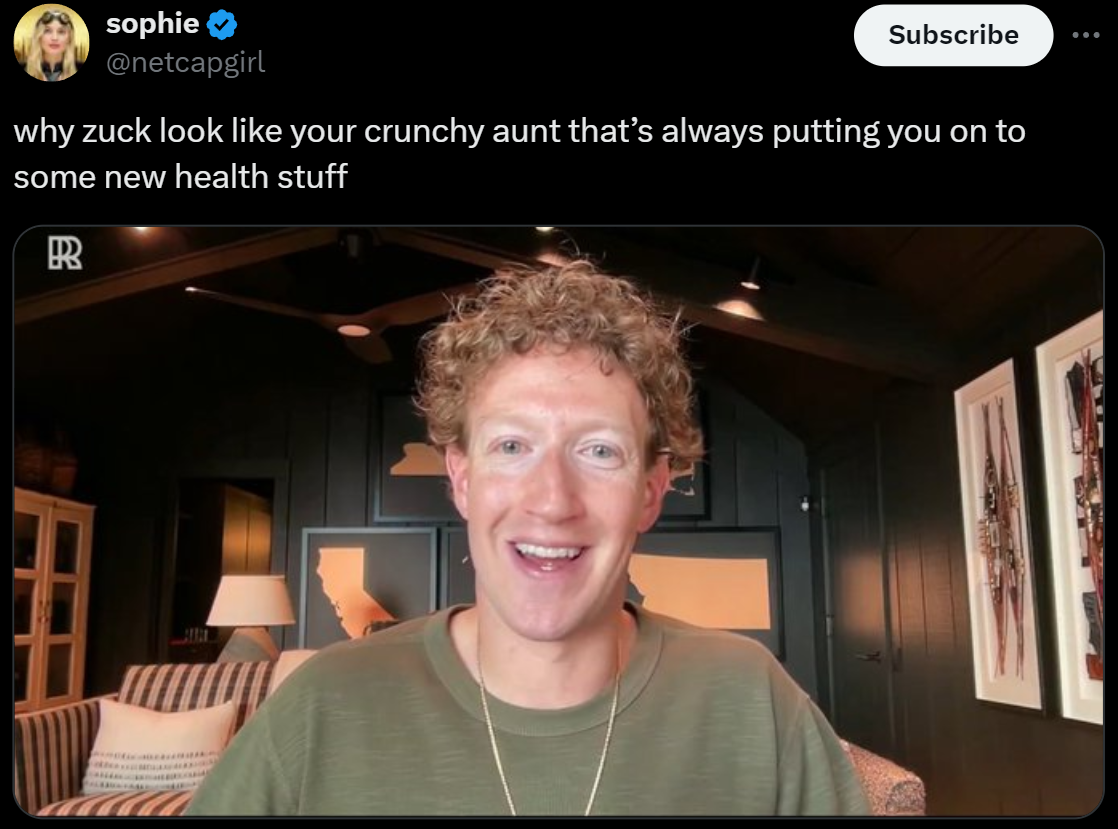 screenshot - sophie Subscribe why zuck look your crunchy aunt that's always putting you on to some new health stuff R R